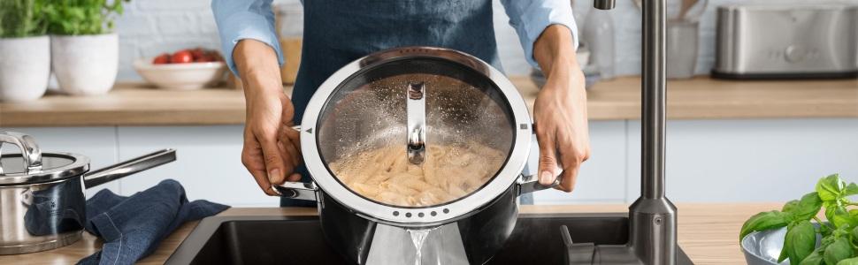 Скляна кришка для каструль WMF Function 4, 16 см, з 4 функціями зливу, сталь Cromargan, червона