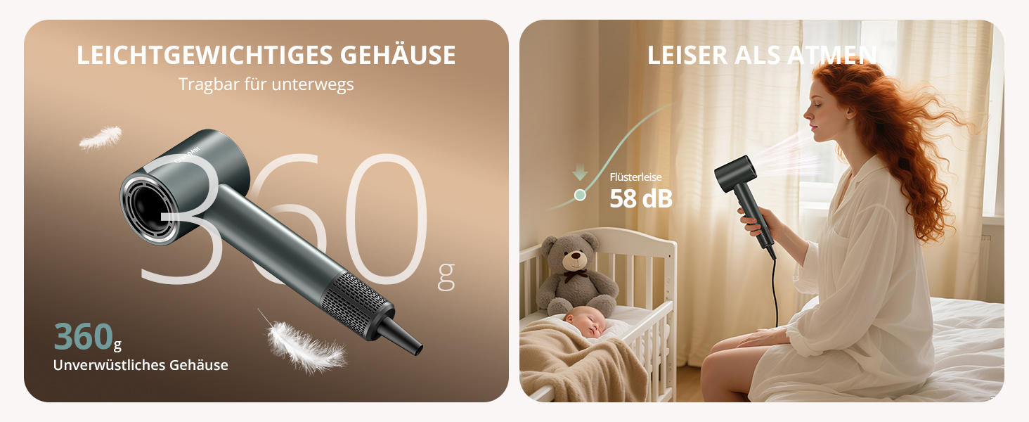 Іонний фен для волосся з безщітковим мотором 180 000 об/хв, компактний дорожній фен з 4 режимами температури та захистом від перегріву, сірий