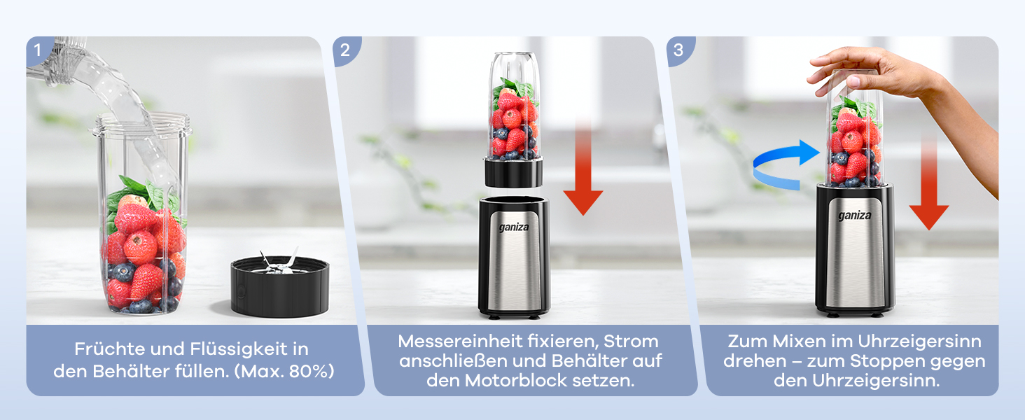 Блендер Ganiza Mini Smoothie Maker 900W з 3 стаканами (500мл x2, 700мл), електричний, сталеві ножі, BPA-free, для смузі та коктейлів