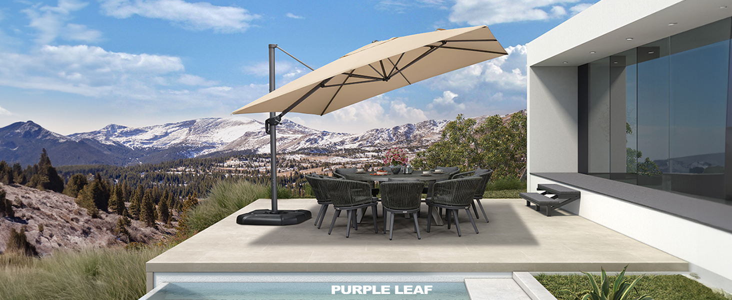 Парасолька від сонця PURPLE LEAF 350x350 см, велика садова парасолька-амбрела з рукою-користувачем, поворотом на 360° та хрестовиною, бежева, для тераси та балкона