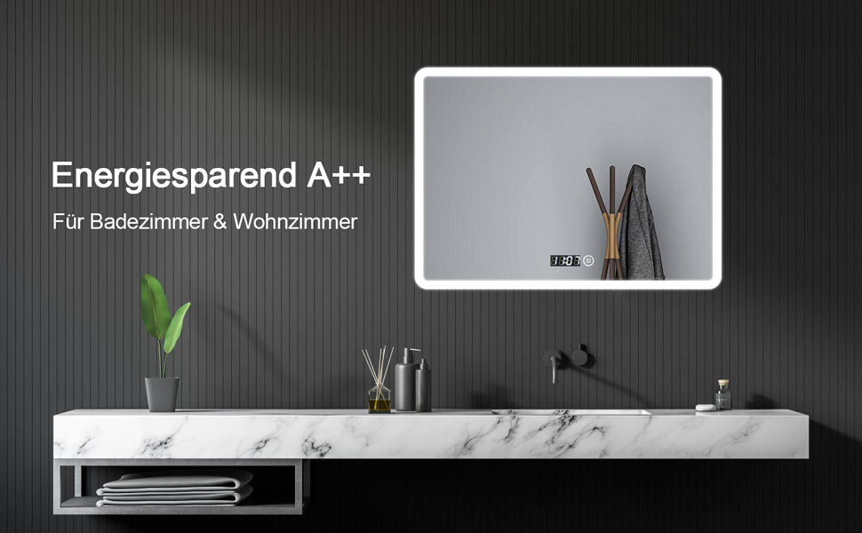 Дзеркало для ванної кімнати Badspiegel 50x70см з годинником та підсвічуванням 3 кольори, сенсорний вимикач, прямокутне, для ванної/вітальні (100x60x3.5см)