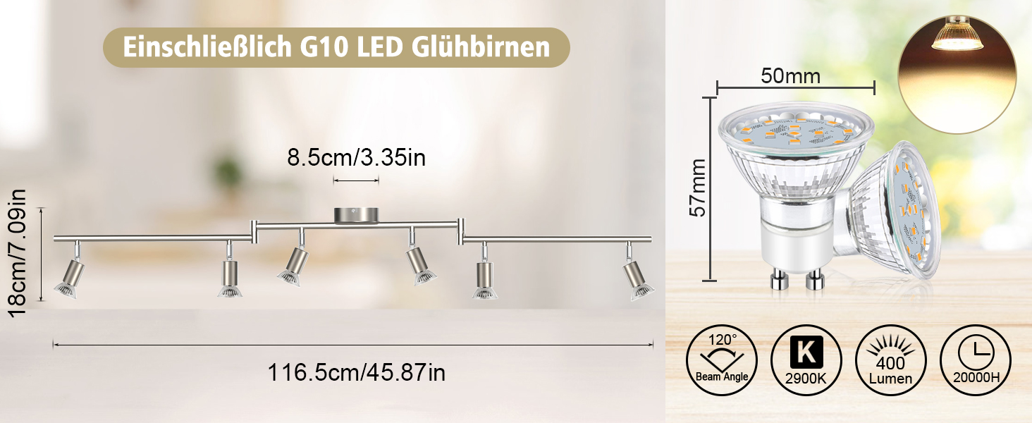 Стельовий LED світильник Defurhome на 6 спотів, поворотна сучасна люстра (матовий нікель) для кухні, вітальні та спальні, включаючи 6 ламп GU10 4W (теплий білий), сріблясто-сірий