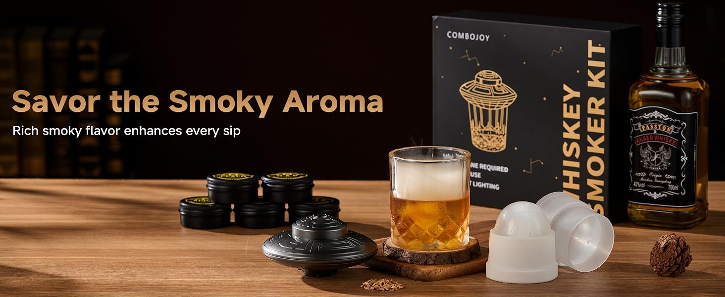 Електричний набір для копчення віскі ComboJoy з LED-підсвіткою, 6 видами стружки, келихом та формою для льоду, сірий