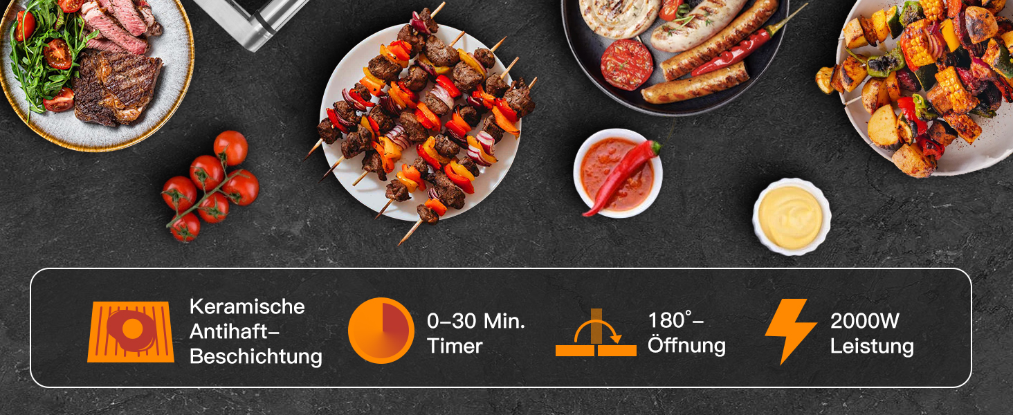 Контактний гриль Aigostar з керамічним покриттям, таймер на 30 хв. Паніні гриль та сендвічмейкер для сендвічів, стейків, тостів. 2000 Вт, регульований термостат, відкривання 180°, функція грилю