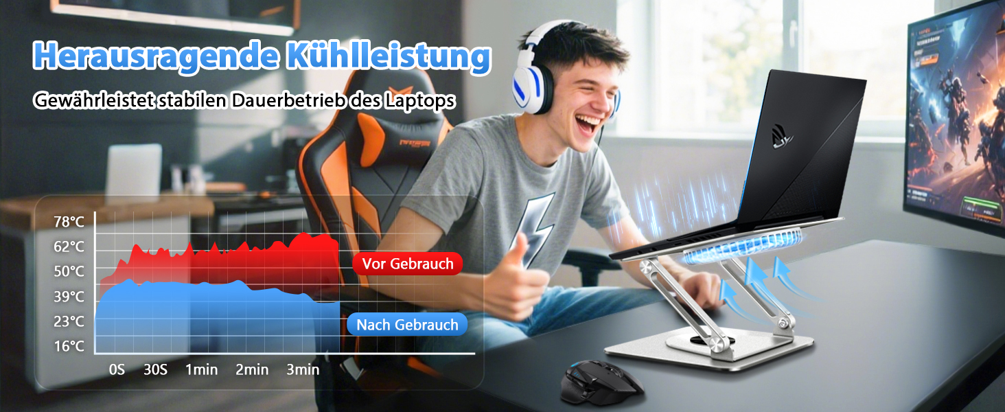 Підставка для ноутбука ICARE з RGB підсвіткою та охолодженням, 360° обертання, до 16 дюймів, срібна