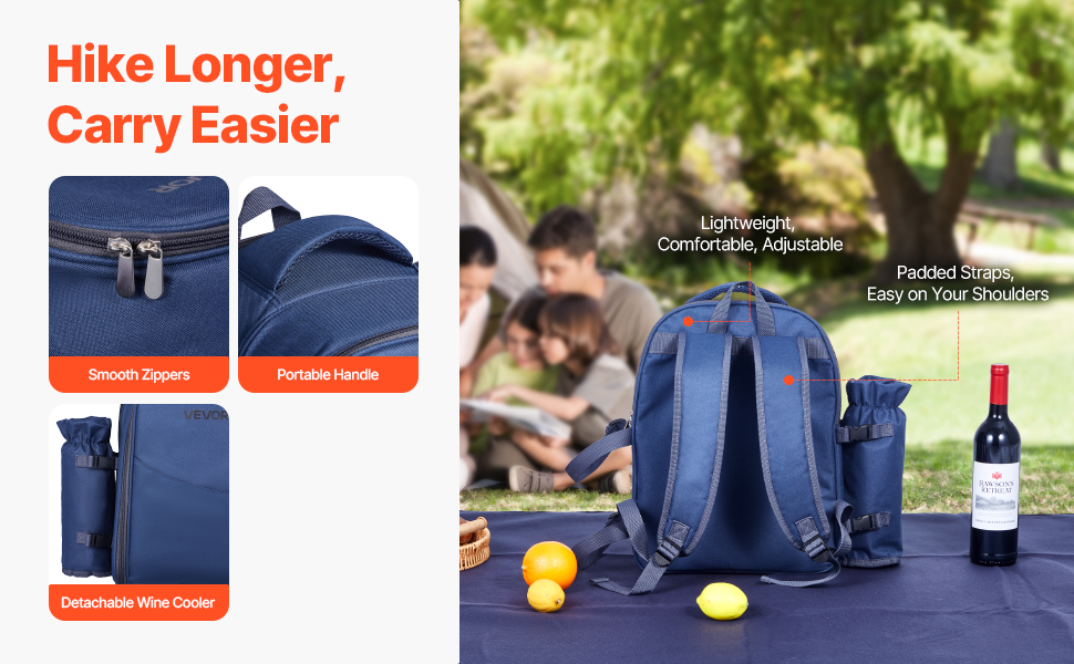 Рюкзак для пікніка VEVOR (20 л) на 2 особи з ізольованим відділенням, тримачем для пляшок/вина, ковдрою та набором посуду для пікніків, походів та кемпінгу, темно-синій