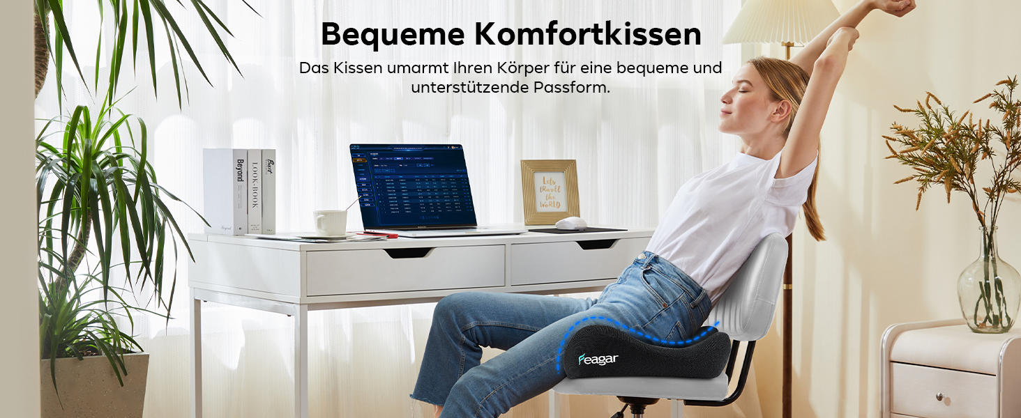 Ортопедична подушка для сидіння Feagar з memory foam - ергономічна подушка для офісного крісла, авто та дому - подушка для куприка, зняття навантаження при тривалому сидінні, неслизька (до 100 кг), чорна
