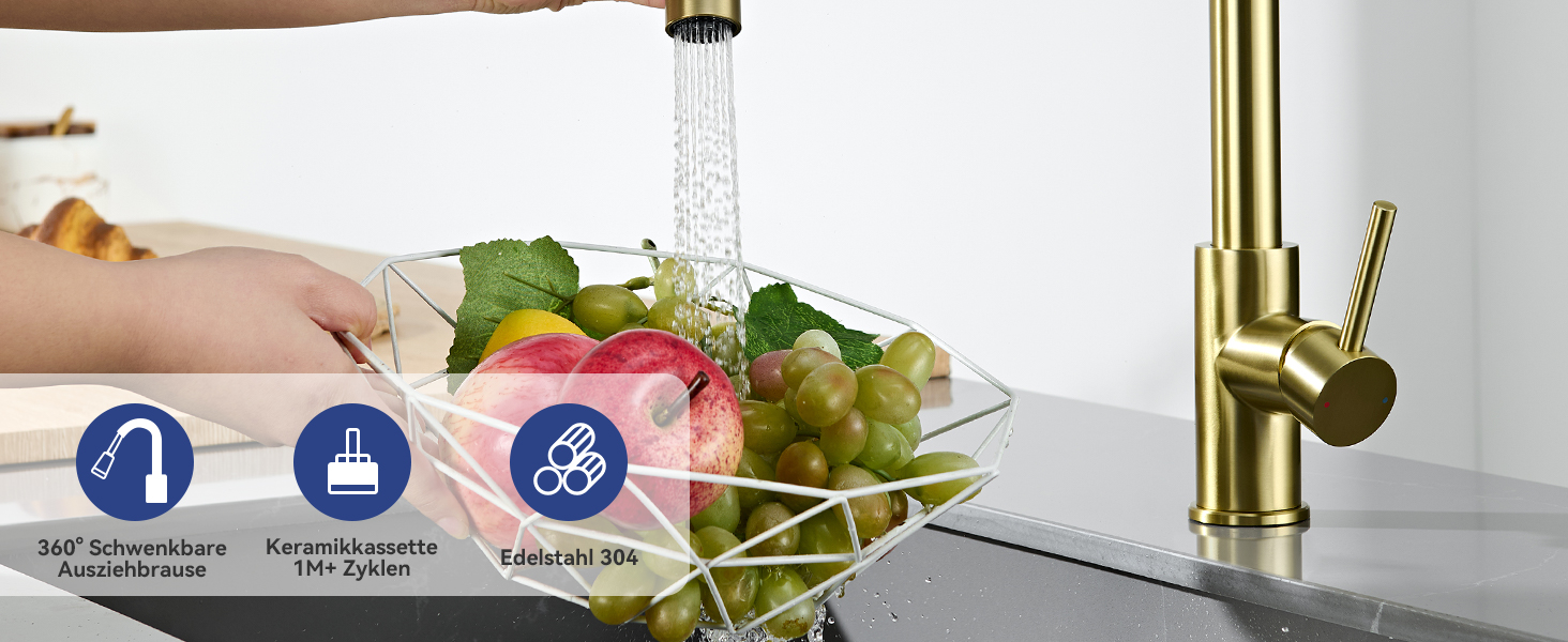Змішувач для кухні CECIPA з висувним душем, високий, поворотний на 360°, два режими струменя, золотий матовий