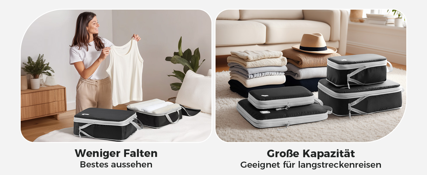 Набір органайзерів для валізи та рюкзака з компресією, водонепроникні пакувальні куби для подорожей, 8 предметів, чорний