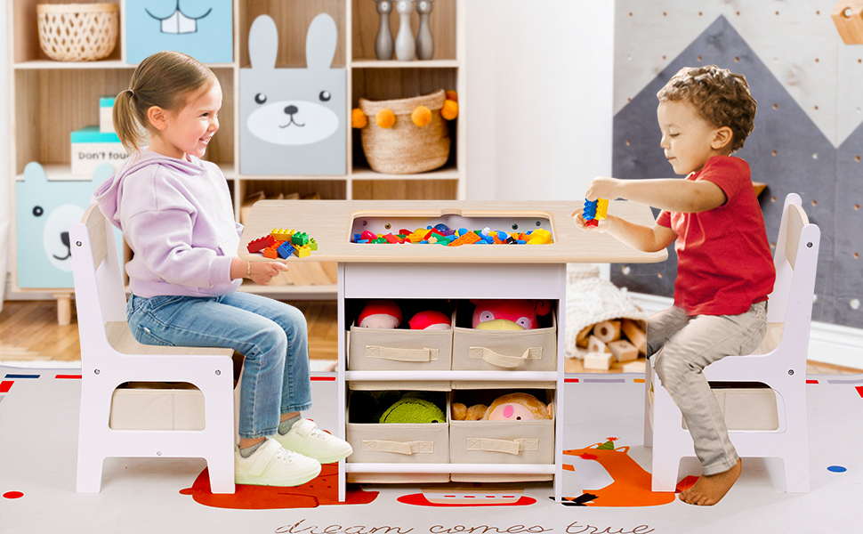 Дитячий стіл зі стільцями, ігровий стіл для дітей з місцем для зберігання, набір меблів для дитячої кімнати (натуральний колір)