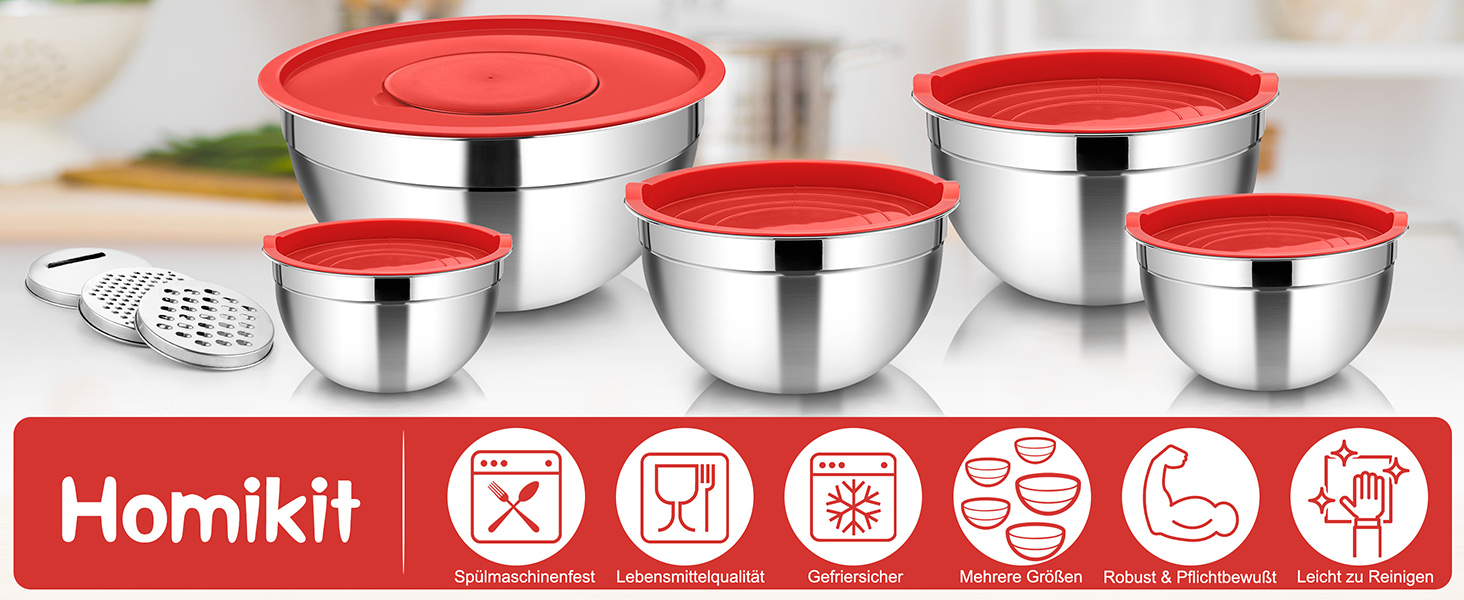Набір мисок Homikit, 5 шт. з нержавіючої сталі, з кришкою та силіконовим дном, мультифункціональний, для салатів, 6.6L / 3.5L / 2.5L / 1.5L / 1L (червоний, з 3 тертками)