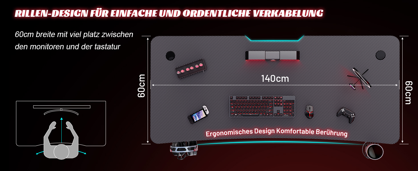 Ігровий стіл HLONONE 140x60 см, стійкий стіл для ПК з вуглецевого волокна, гачком для навушників і тримачем для чашки