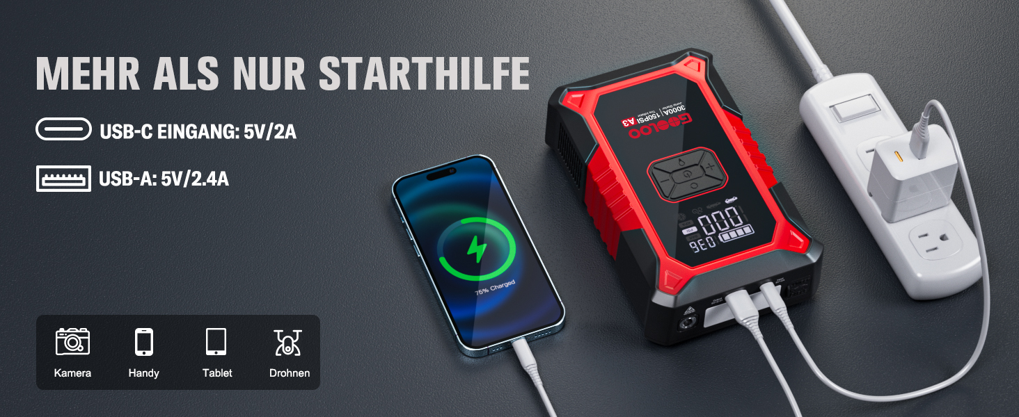 Пусковий пристрій GOOLOO A3 Jump Starter 3000A з компресором 150 PSI та функцією Powerbank