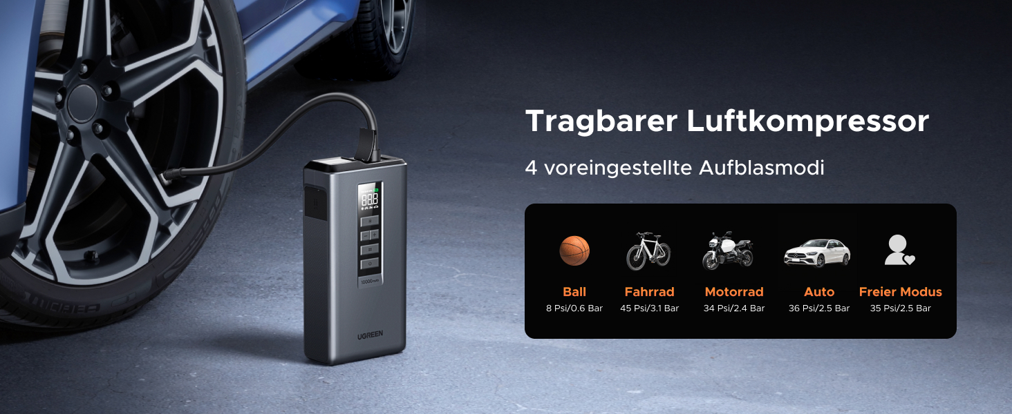 Пусковий пристрій UGREEN 3 в 1: Powerbank 10000mAh, бустер для авто та електричний компресор (помпа)