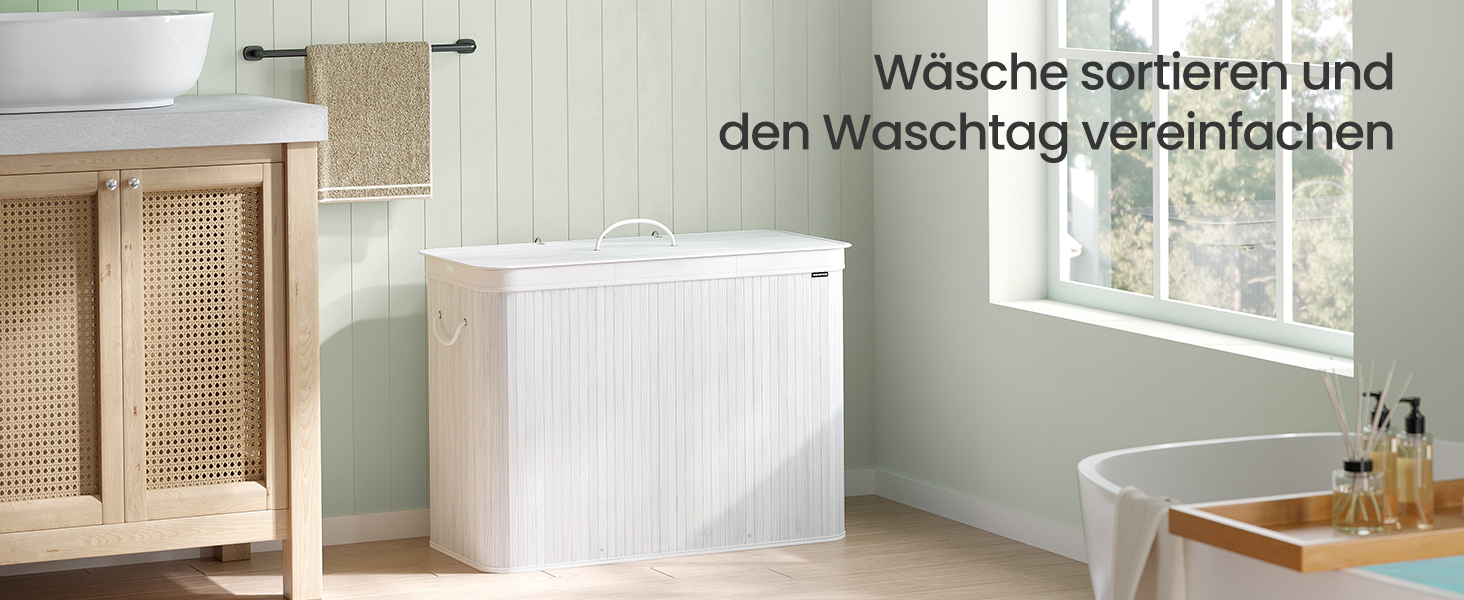 SONGMICS Кошик для білизни з кришкою, 2 відділення, бамбук, складний, знімний мішок для прання, з ручками, 170 л, білий