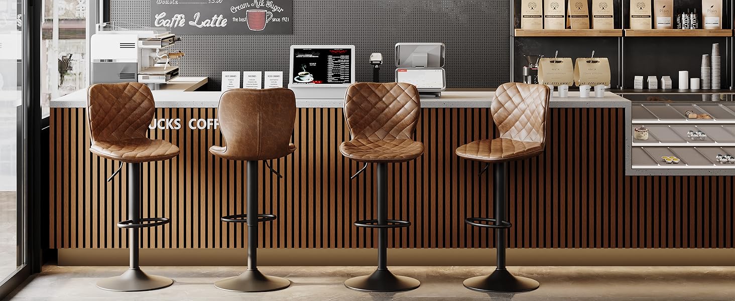 Набір барних стільців 4 шт. регульовані по висоті з підлокітником та підставкою для ніг – 360° обертання, PU шкіра, оббивка, металевий каркас для кухні, стійки, їдальні, вітальні, чорний