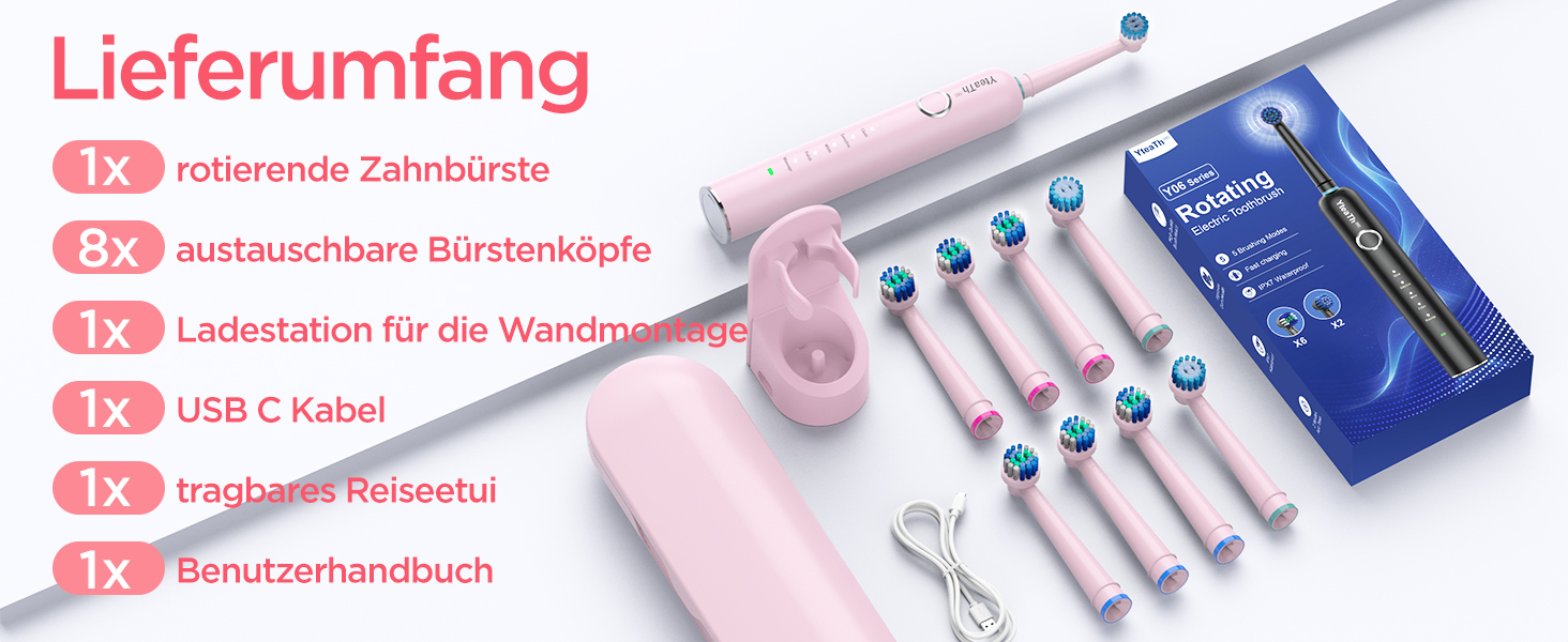 Електрична зубна щітка ротаційного типу для дорослих та дітей з 8 насадок, зарядний пристрій з підставкою на стіну, 5 режимів чищення та дорожній футляр, 60 днів роботи від акумулятора (рожевий)