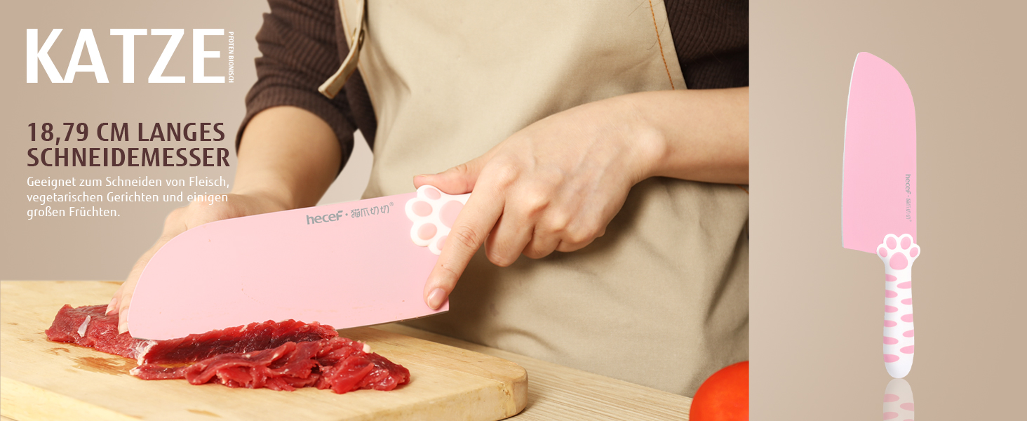 Набір кухонних ножів Hecef: 5 штук у блоці, рожевий, з ручками у формі котів