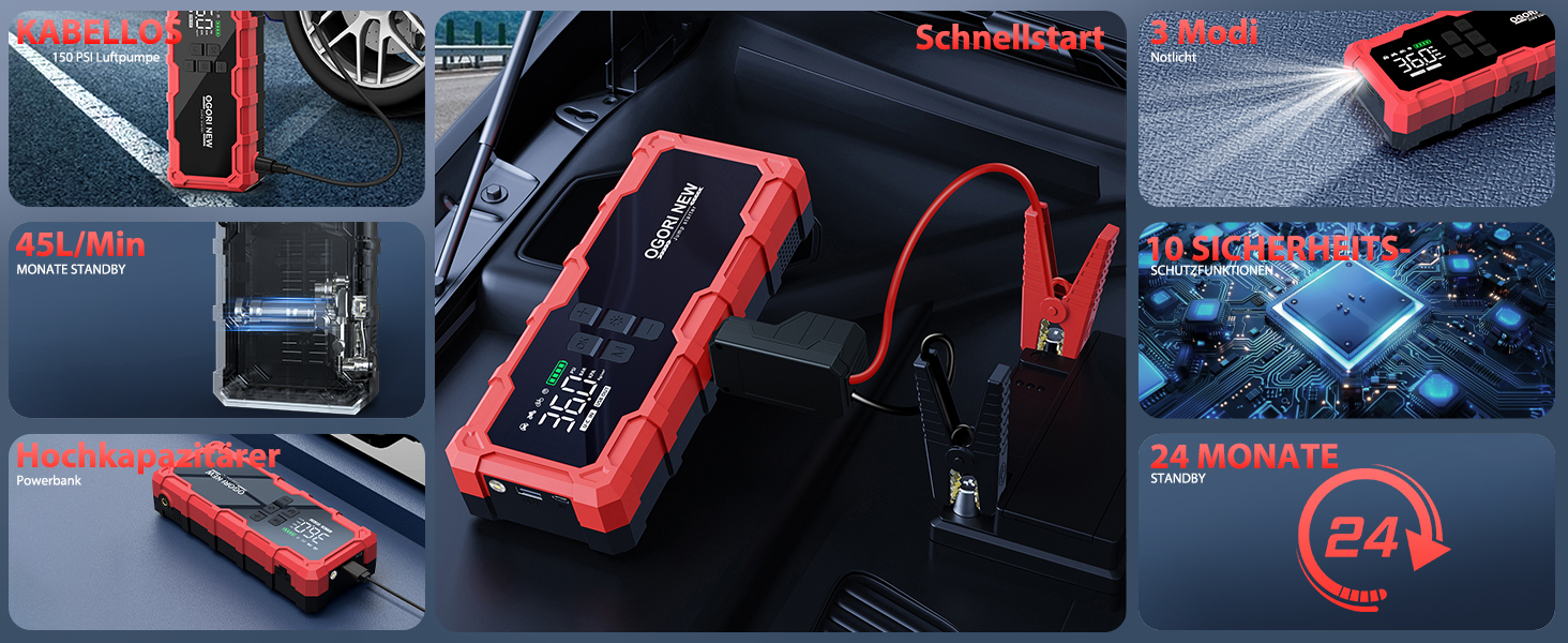 Powerbank для авто Starthilfe 6000A з компресором та LED-ліхтариком, 12V, для 8L бензину/10L дизеля