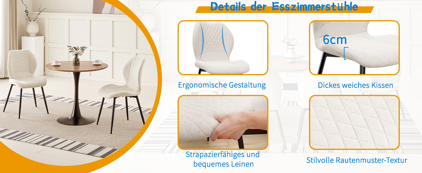 Набір обідніх стільців 6 шт., обідні стільці для кухні, вітальні, спальні, ресепшен, ергономічні, з м'яким сидінням, бежеві