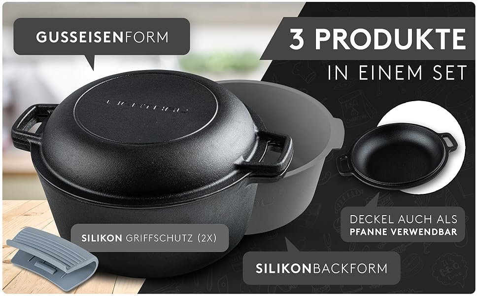 Чавунний горщик для випікання хліба Gusseisen - міцний горщик з антипригарною силіконовою вставкою, 4.6 л, з кришкою. Підходить для випікання, тушкування та смаження