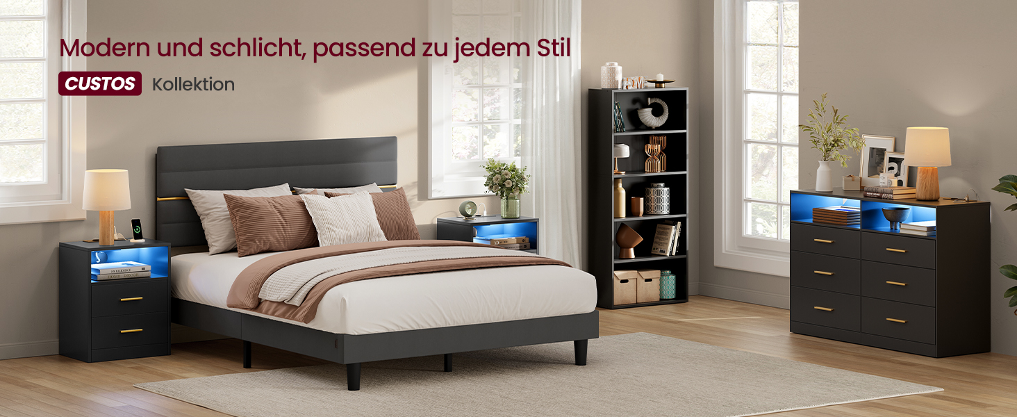 VASAGLE Custos: Набір з 2 тумбочок з LED-підсвічуванням та зарядкою, чорний, з шухлядами, 2 розетки AC та USB