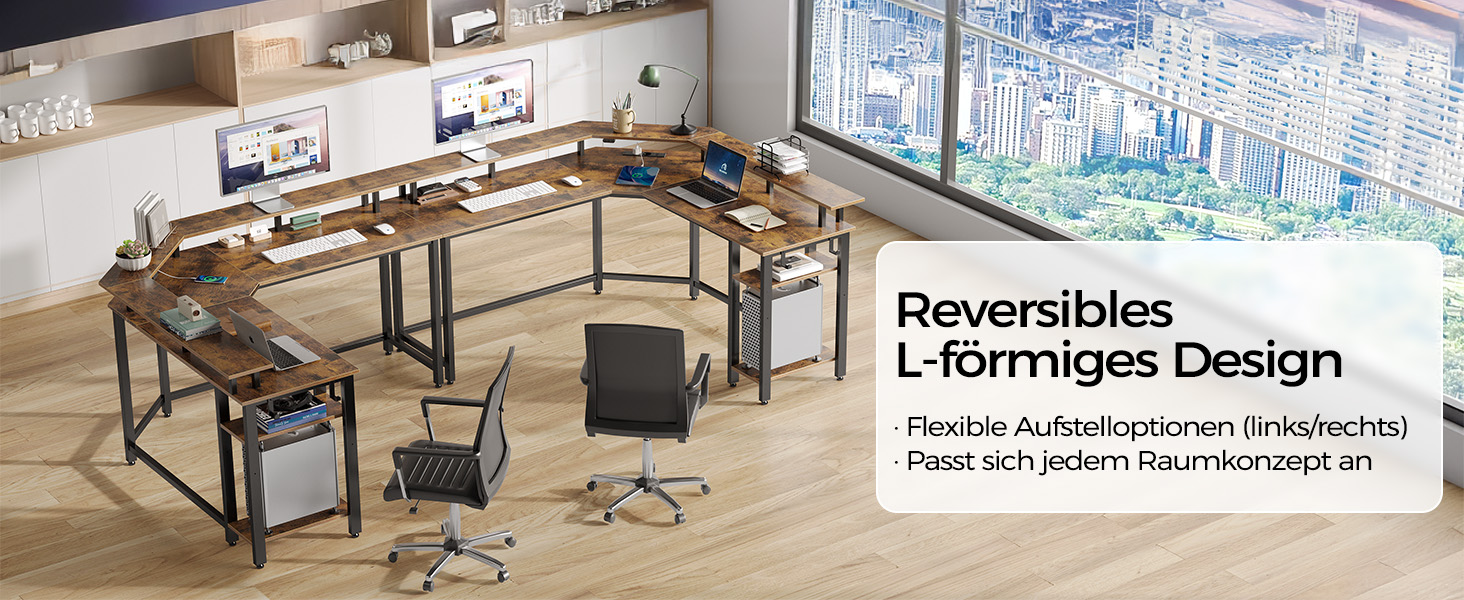 Комп'ютерний стіл Rolanstar L-подібний з RGB підсвічуванням та розетками, геймінговий стіл з полицею та гачками, для офісу, робочого кабінету, спальні (117 см, Vintagebraun, 137 x 137 x 87 см)