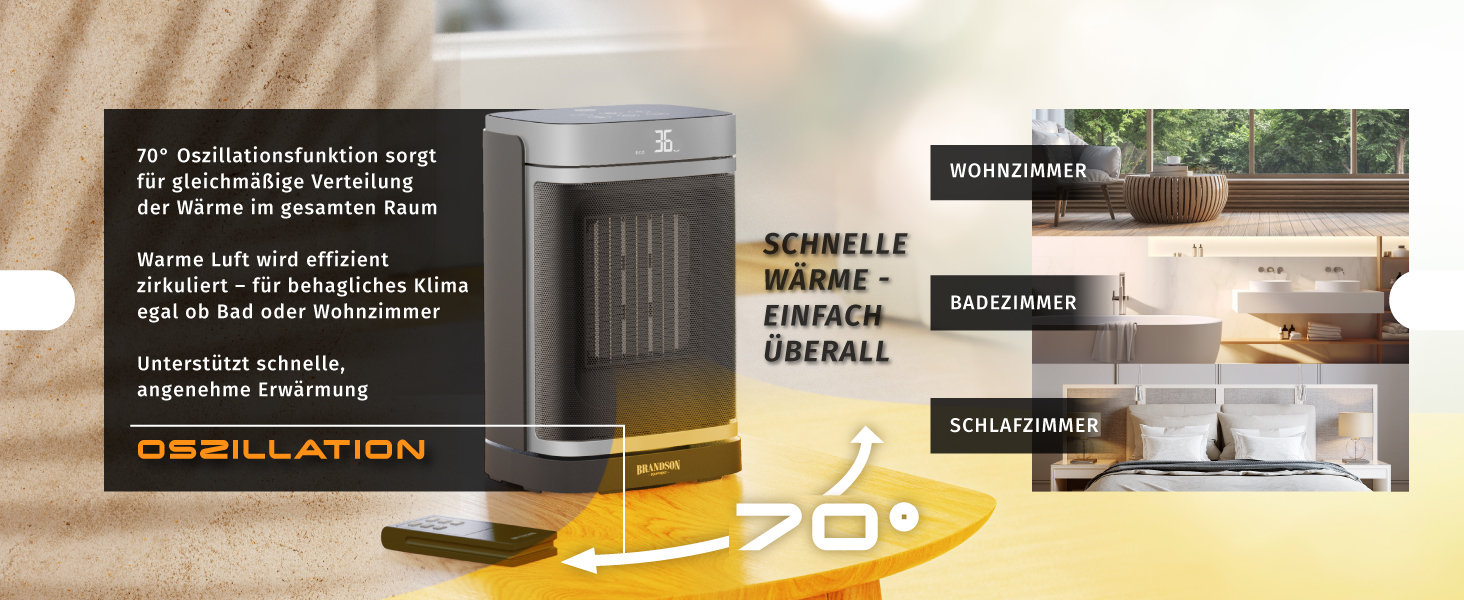 Керамічний обігрівач Brandson з дистанційним керуванням, тихий, енергозберігаючий, з осциляцією, дитячим замком та таймером. Ідеально для ванної, вітальні, офісу та дитячої кімнати. Без Wi-Fi
