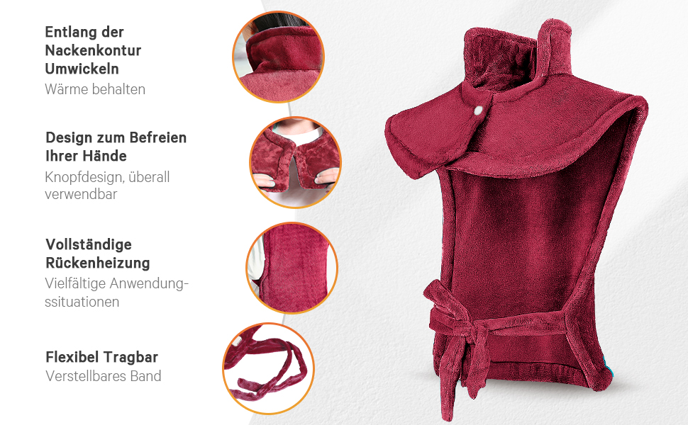 Електричний нагрівальний килимок для спини, шиї та плечей 60 x 85 см з 4 рівнями температури, захист від перегріву, машинне прання, червоний