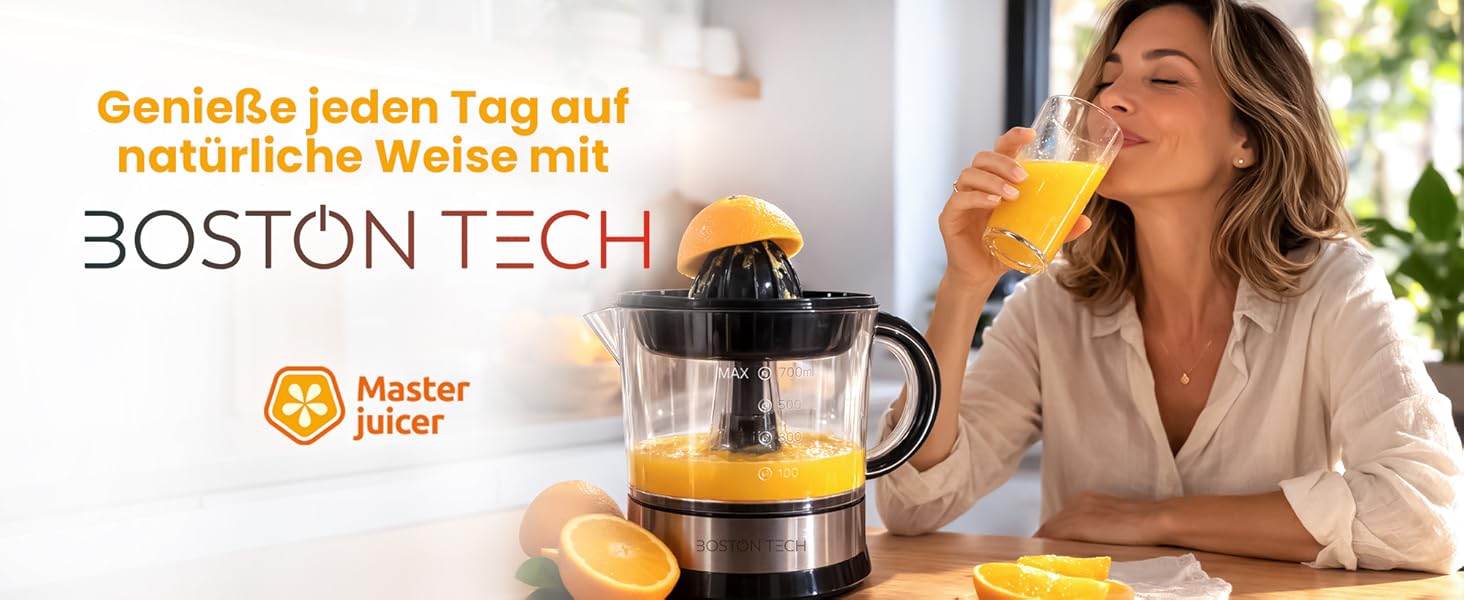 Електрична цитрусовижималка Boston Tech MasterJuicer 700 мл з нержавіючої сталі - 40W, подвійна конусна система, без BPA, висока продуктивність