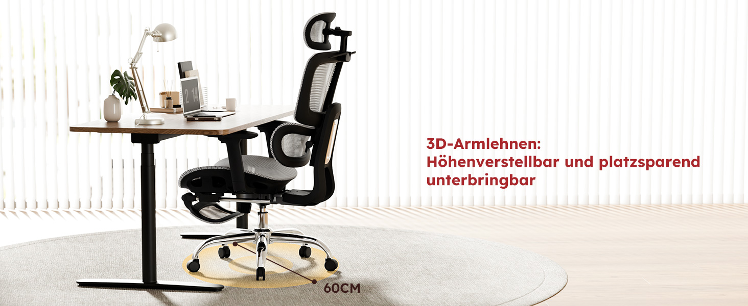 Ергономічне офісне крісло Voll-Mesh з підголівником, підставкою для ніг, регульованою спинкою, підлокітниками, саморегульованою поперековою підтримкою, PU-колесами, поворотним на 360°, навантаження до 150 кг, (Світло-сірий)