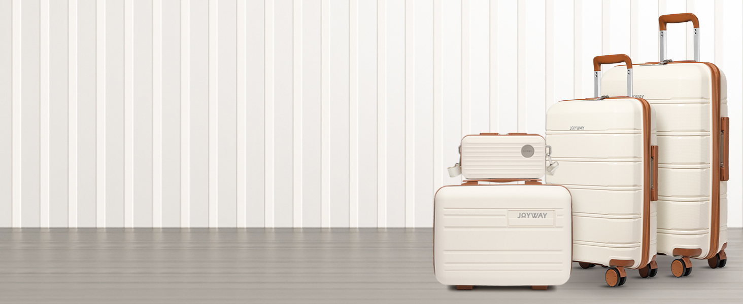 Набір валіз Joyway 5шт з жорстким корпусом, 4 колеса та TSA-замок. В комплекті: косметичка та сумка. (Білий/Коричневий)
