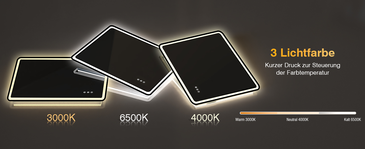 LED дзеркало для ванної кімнати 80x60 см з підсвічуванням, диммер, протитуманне покриття, 3 кольори світла, IP44, функція пам'яті, горизонтальний/вертикальний монтаж