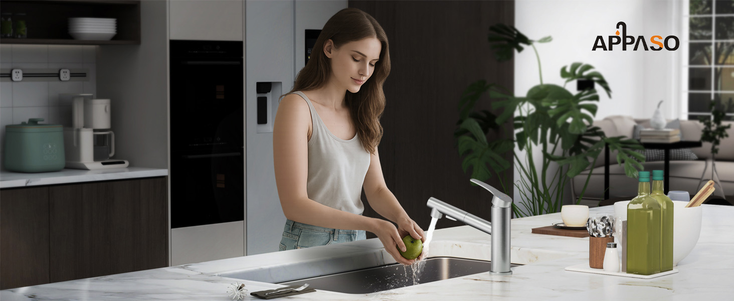 Змішувач кухонний APPASO високого тиску з витяжним душем, поворотний на 120°, нержавіюча сталь (шліфована)