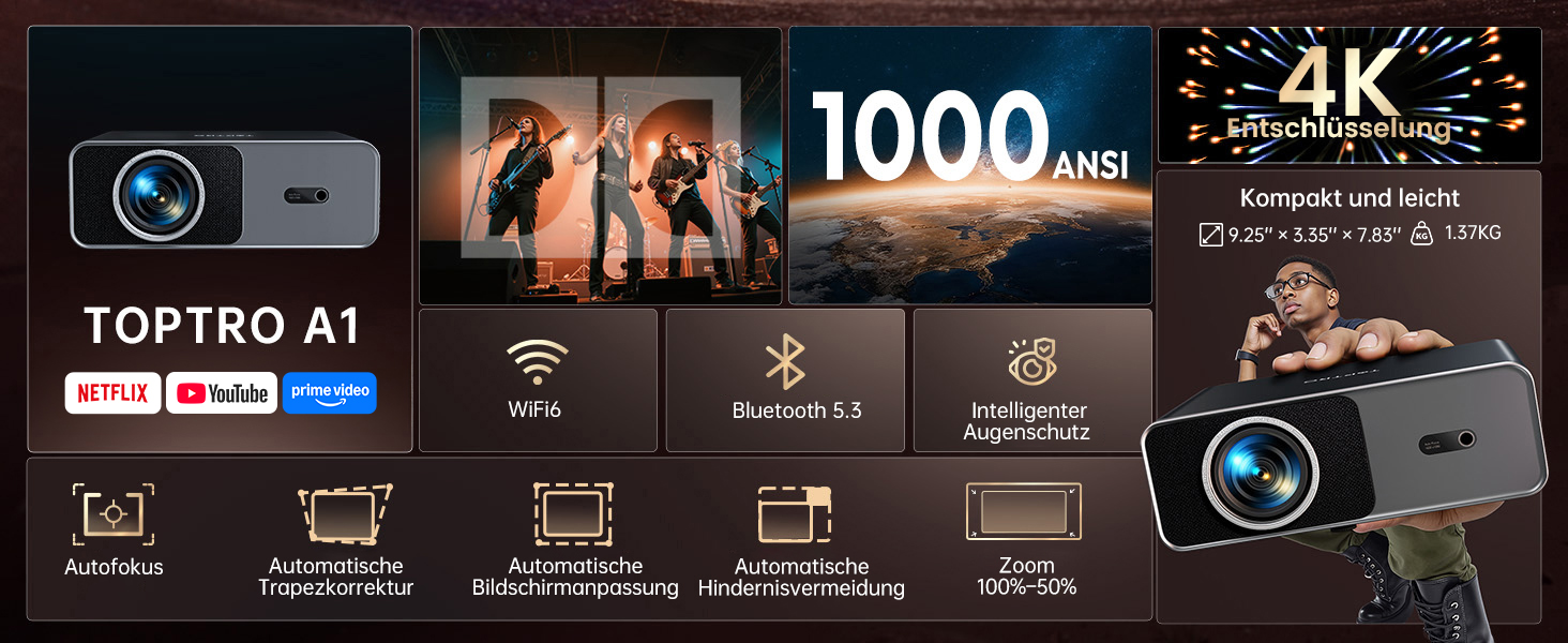 Smart проектор TOPTRO 4K HDR10 WiFi 6 Bluetooth: Dolby Audio, 1000 ANSI лм, Автофокус, Трапецеїдальна корекція 6D, Підтримка Netflix, Чорний