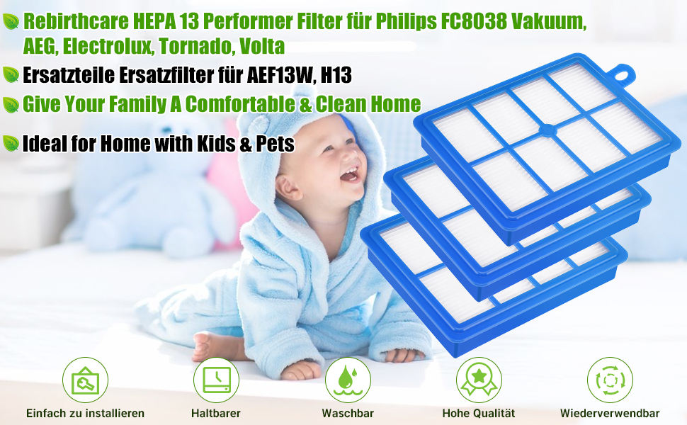 Фільтр rebirthcare від алергії hepa13 з 3 предметів для Philips FC8038 / 01, AEG AEF12, Electrolux EFH12, Торнадо, пилосос Volta Змінний фільтр аксесуари для Philips FC9150 AEG LX7 Animal / Performer lx8 s-фільтр