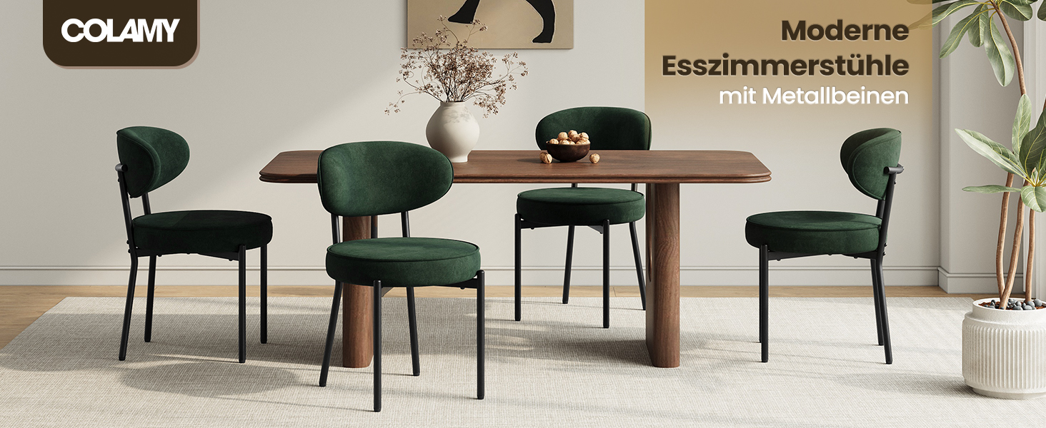 Обідні стільці COLAMY з м'яким сидінням 10 см – Сучасні крісла з плюшевої тканини Teddy, з міцним металевим каркасом – для кухні та вітальні, білий (зелений, набір 2 шт)