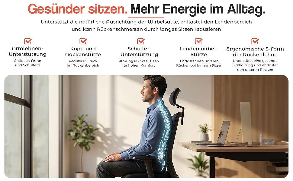 Офісний стілець YOS S5 з підтримкою спини та голови, чорний. Ergonomічний стілець до 150 кг, Made in Germany