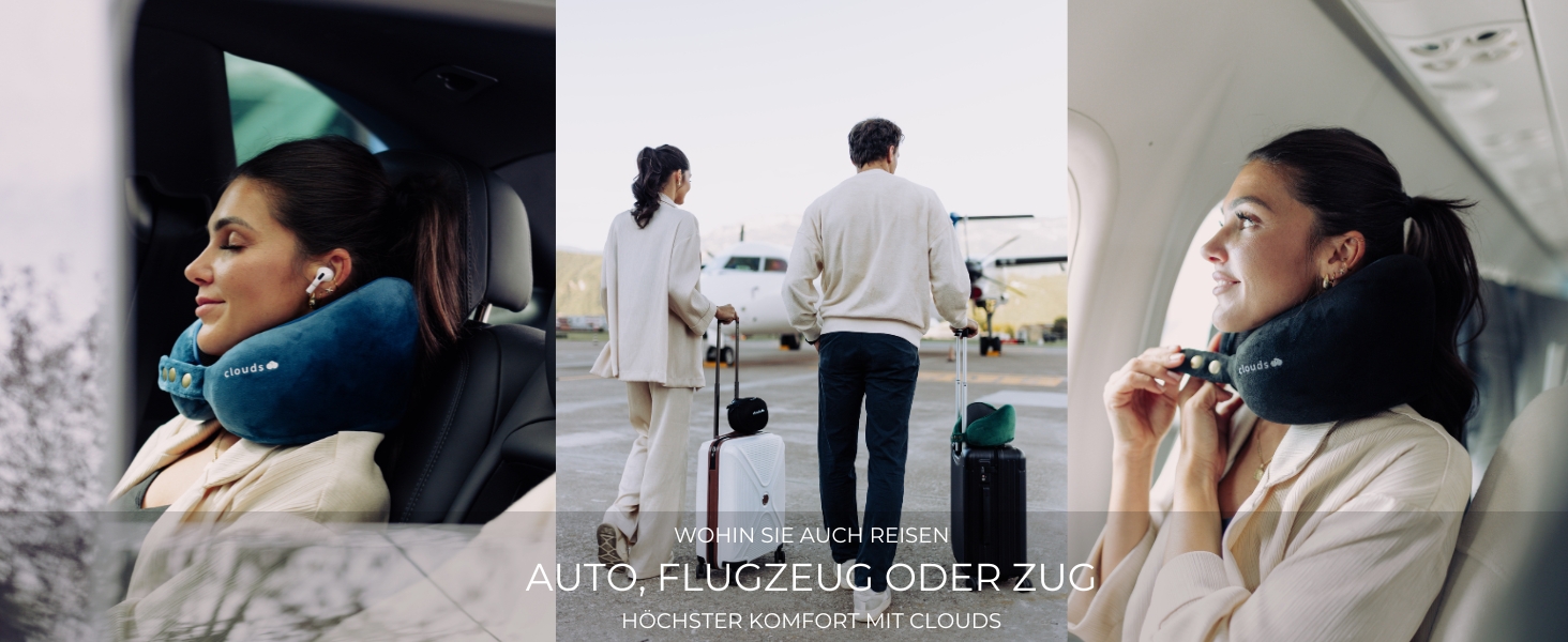 Подорожня подушка для шиї CLOUDS з ефектом пам'яті (Memory Foam) для літака та авто, регульована, дихаюча тканина, розмір S/M, чорна