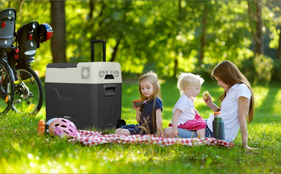 Автомобільний компресор-холодильник Arebos 47л з колесами: Електрична сумка-морозильник з APP, USB, 12/24/230V для авто, кемпінгу, човна