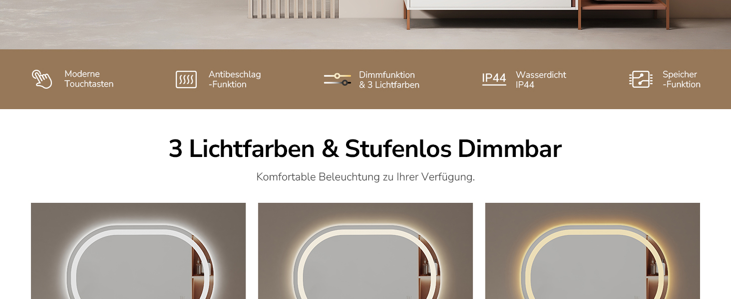 EMKE Дзеркало для ванної кімнати з підсвічуванням 50x90 см овальне з сенсорним вимикачем, 3 кольори світла, регулювання яскравості, антизапарник, функція пам'яті, автоматичне вимкнення через 3 години