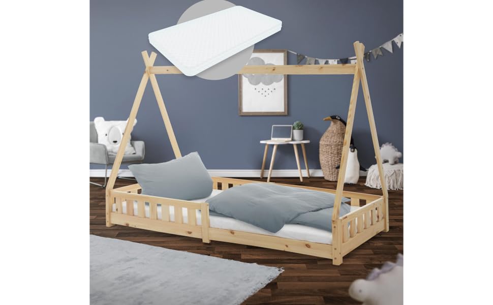 Дитяче ліжко-халапа Tipi ML-Design біле з бортиками та ламелями, з сосни, індіанське ліжко для дівчаток та хлопчиків, ліжко-будиночок з огорожею, ліжко-ігровий будиночок для дітей (90x200 см з матрацом (H: 16 см), натуральне дерево)