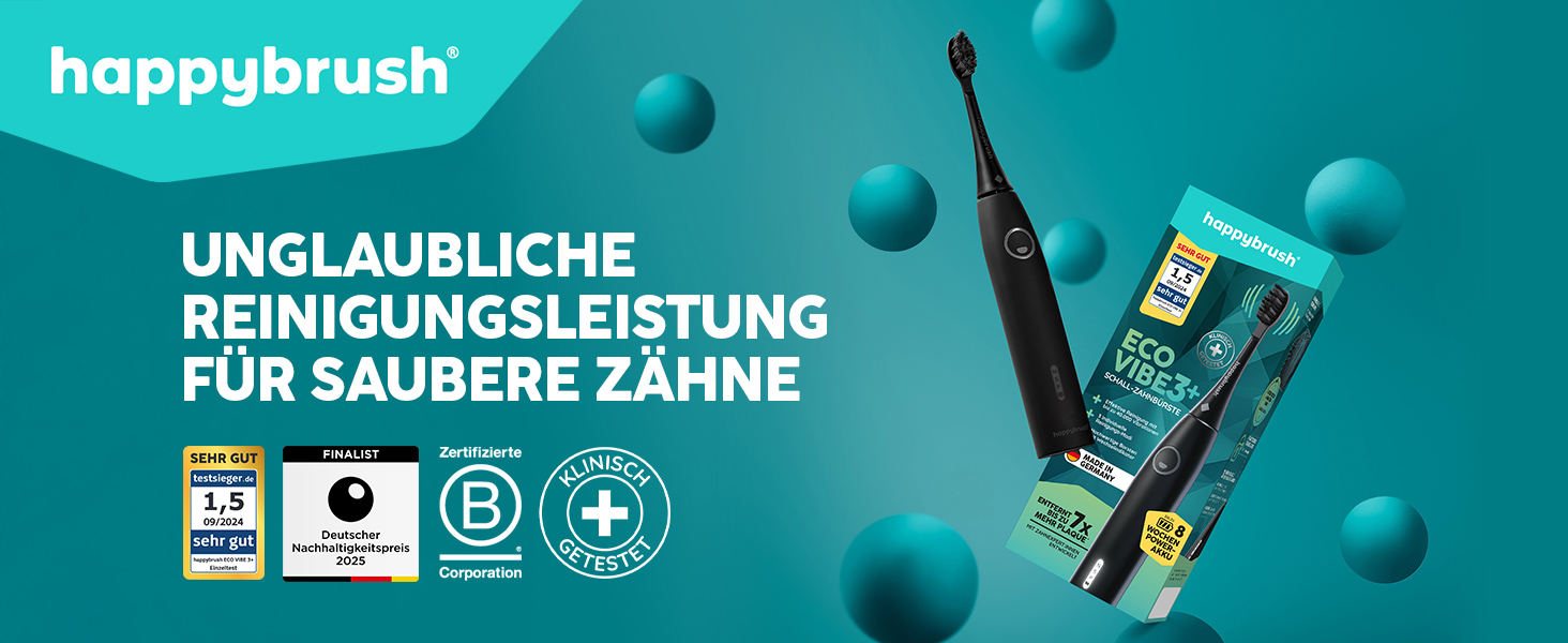 Електрична звукова зубна щітка happybrush® Eco Vibe 3+ – Чорний колір – 2 роки гарантії