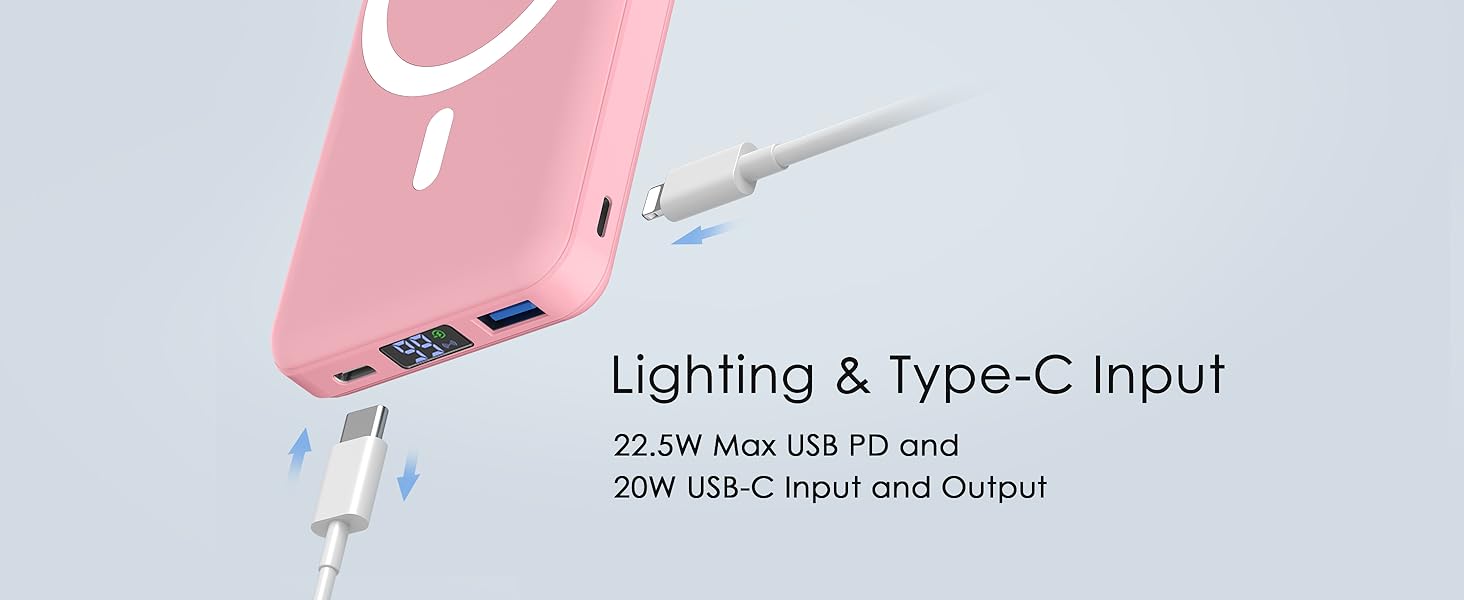 Складний, магнітний, бездротовий, PD 22.5W, LED, iPhone 16-12, рожевий, 10000mAh