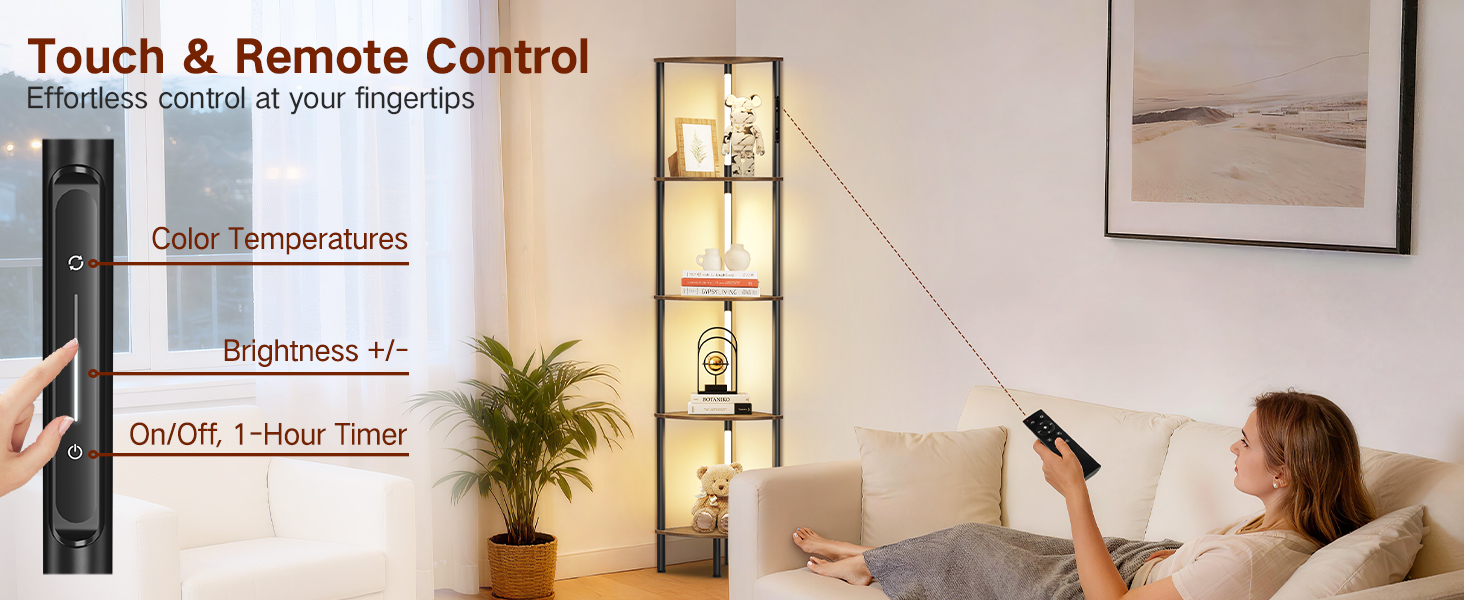 LED торшер з полицею, 3 режими світла, димування (сенсор/пульт), кутова полиця 5-рівнів, вузький книжковий стелаж для вітальні, спальні, офісу (білий)