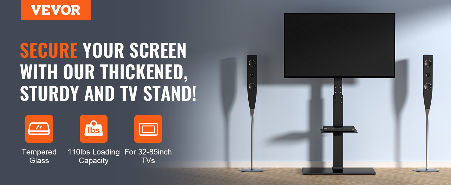 Стійка для телевізора VEVOR поворотна підлогова 32-85 дюймів, регульована по висоті, з міцною скляною основою, чорна