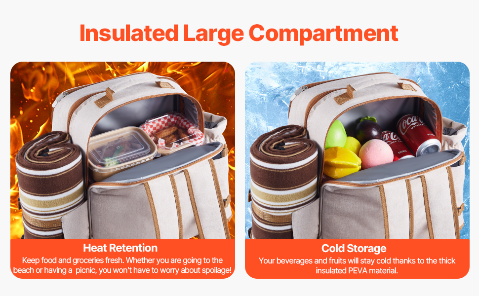 Рюкзак для пікніка VEVOR на 4 особи (20 л) з ізольованим холодильником, підстаканником/для вина та комплектом посуду для кемпінгу та пікніків, бежевий