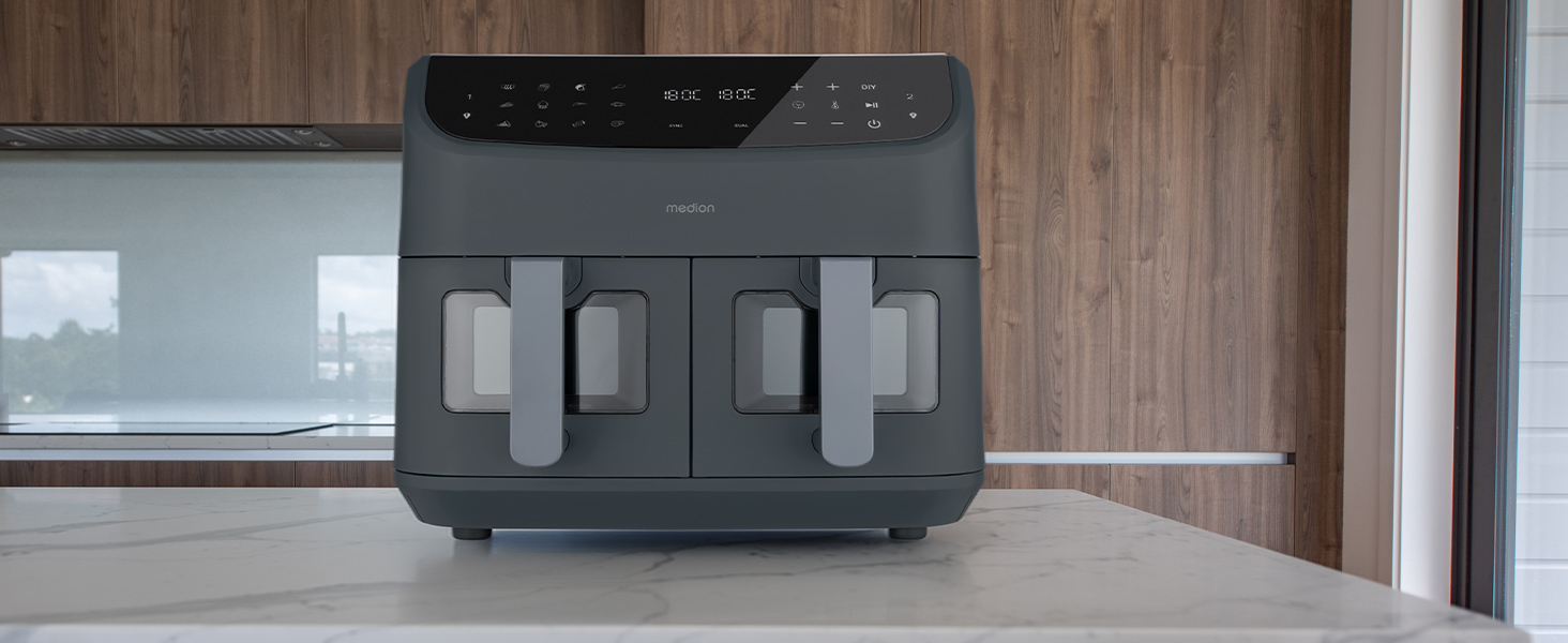 MEDION P20 XXL Фритюрниця з гарячим повітрям з 2 камерами (8,7 л, Airfryer, 2600 Вт, подвійна камера, 10 автоматичних програм, 2 висувні ящики, віконце, Dual Airfryer, ILAG PFAS-free, MD11760) матово-білий, матово-сірий