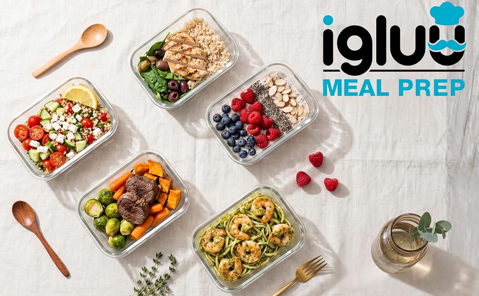Набір скляних контейнерів для їжі Igluu Meal Prep (10 шт.) — 370мл, 640мл та 1050мл, герметичні ланч-бокси для зберігання продуктів