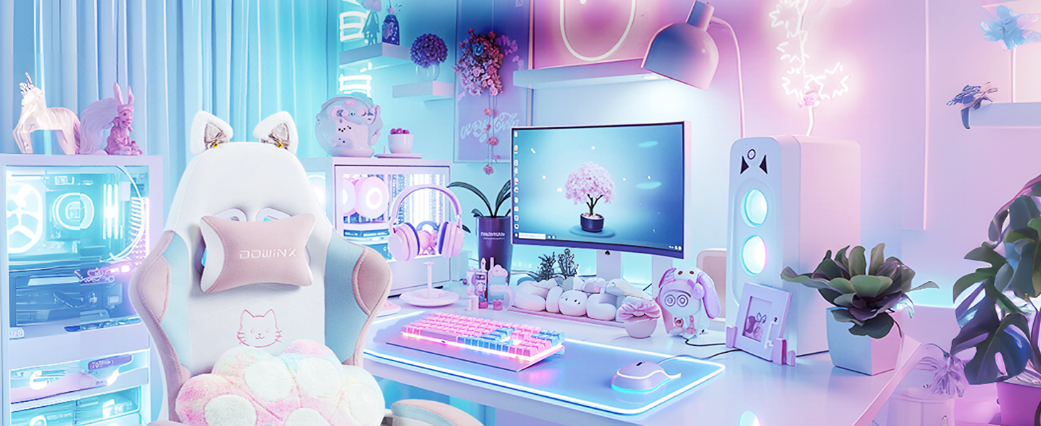 Ігровий крісло Dowinx з підніжкою, ергономічний геймерський крісло для ПК, комфортний крісло для геймерів, рожево-білий